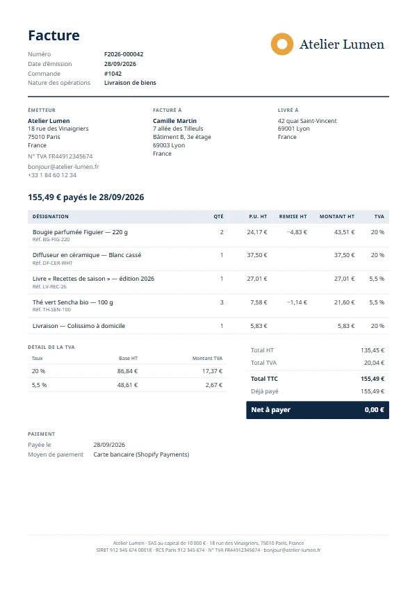 Exemple de facture Factur-X à un particulier : facture F2026-000042 d'Atelier Lumen pour Camille Martin, quatre articles à 20 % et 5,5 % de TVA et la livraison, total TTC de 155,49 € payé par carte le 28/09/2026.